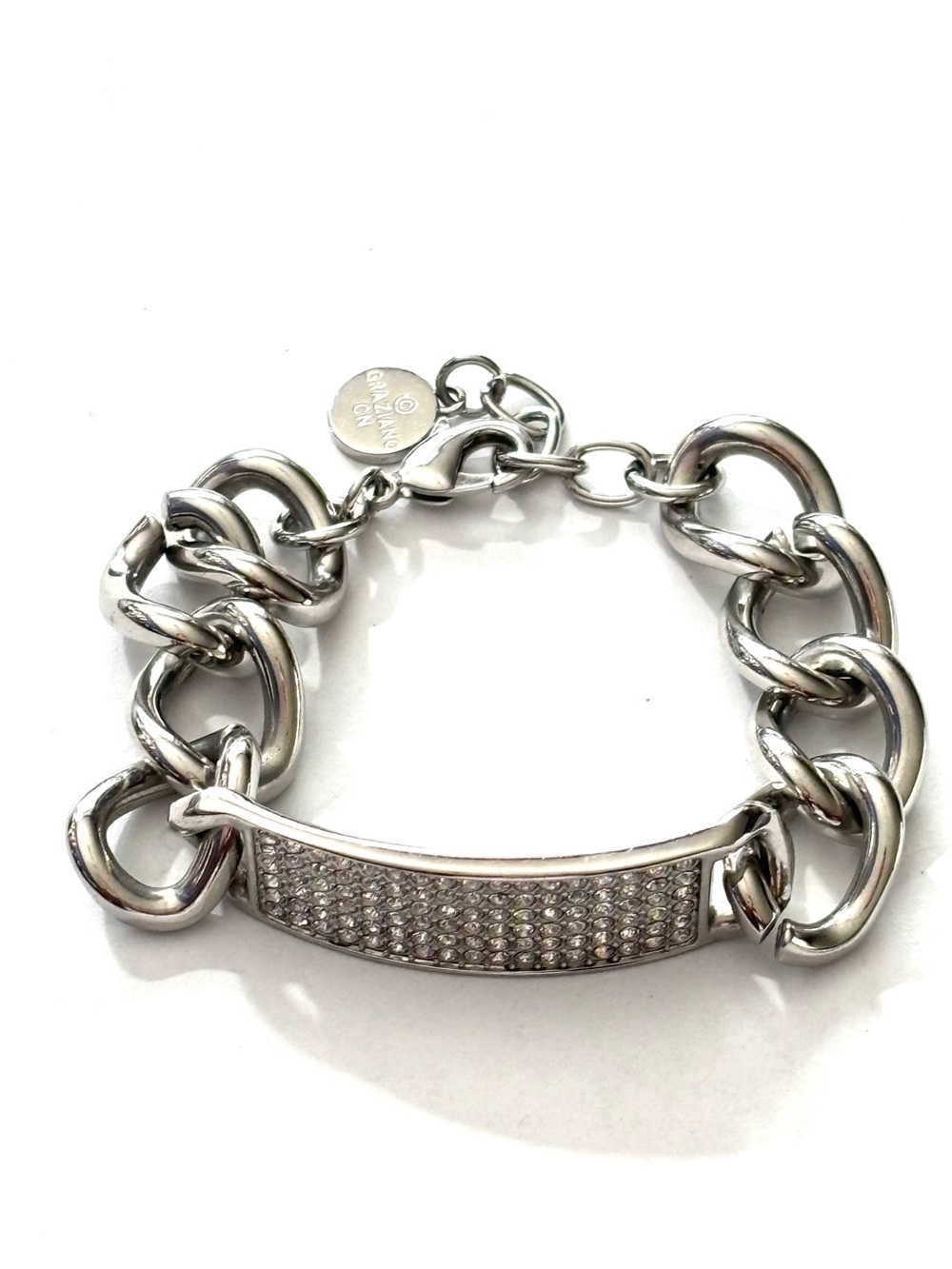 Vintage R.J. Graziano Signed Chunky Curb Link Pavé Crystal ID Bracelet Silver